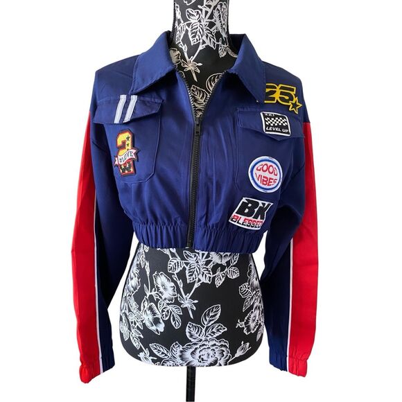 Helium Moto Wear Cropped Patch Jacket Racing Sports Athletic Grunge Punk - Picture 1 of 12